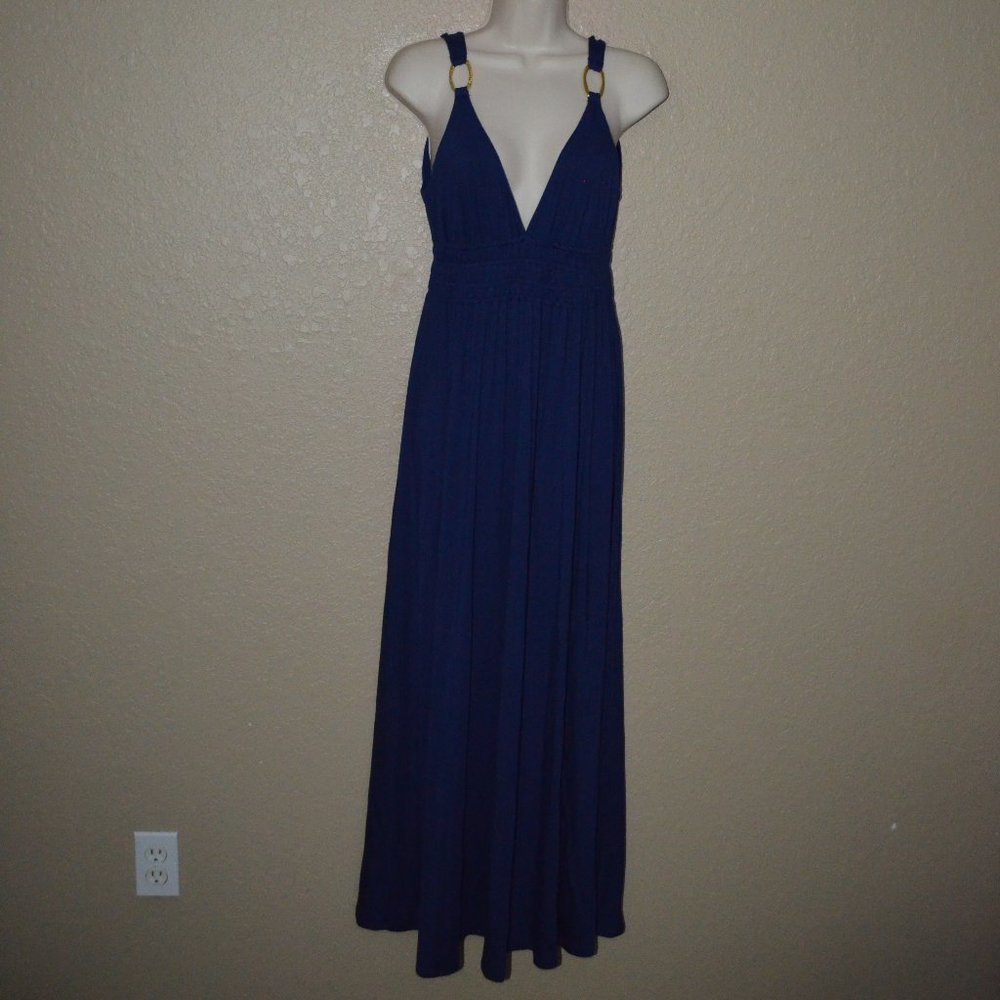 Sz M Trina Turk Navy Deep V Neck Low Back Sleeveless Maxi Dress